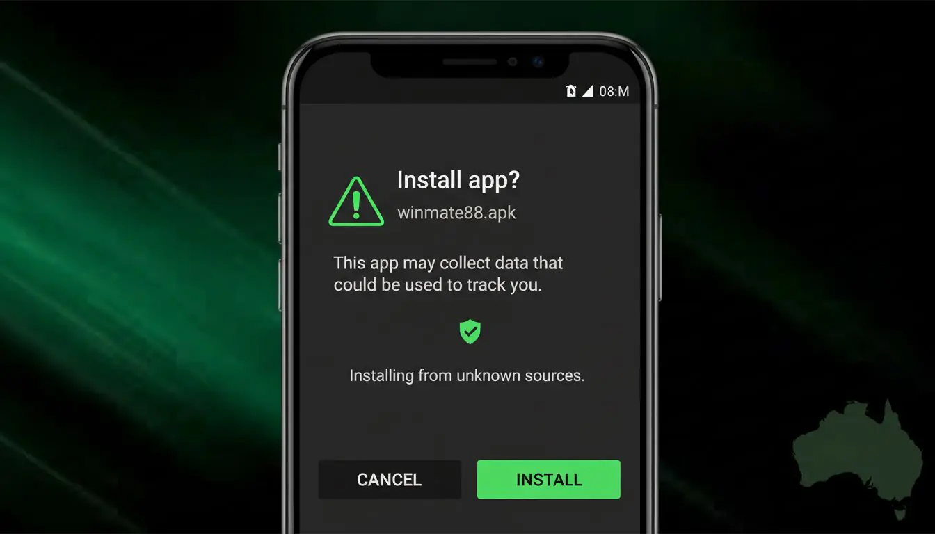 Smartphone showing an APK file with warning icon, privacy shield and sideloading indicator overlaid on Australian backdrop