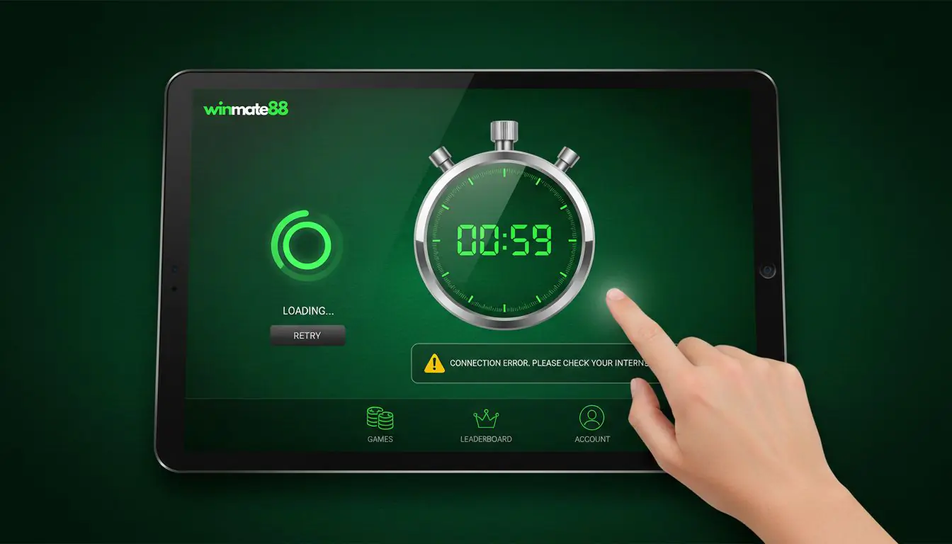 UI showing loading spinner, speedometer, bottom nav, retry prompt and finger tap gesture